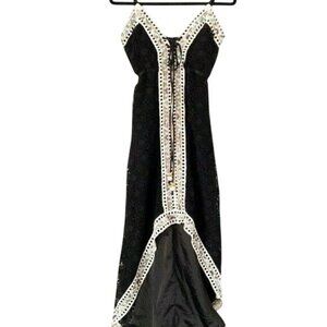 Meghan Black Maxi Dress Crochet Embroidered Beaded Trim High Low Hem Size 2